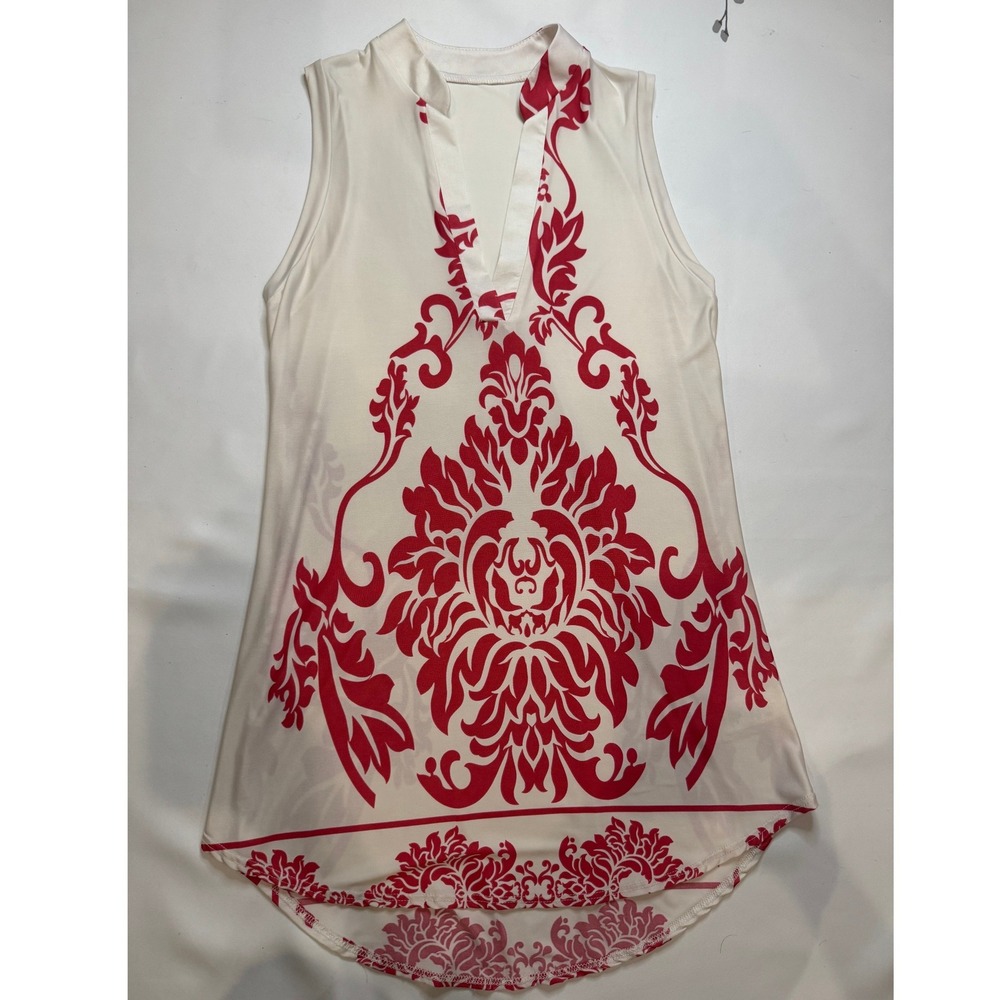Damask Scroll Tunic Top Womens Medium White Red‎ Excellent Sleeveless V-Neck